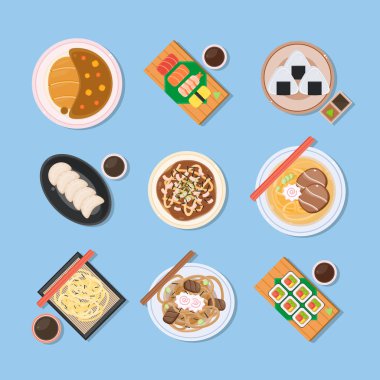 Japon yemekleri. Japonya ülke mutfağının lezzetli yemekleri. Doğu Asya ülkeleri yemek yukarıdan çizimler.