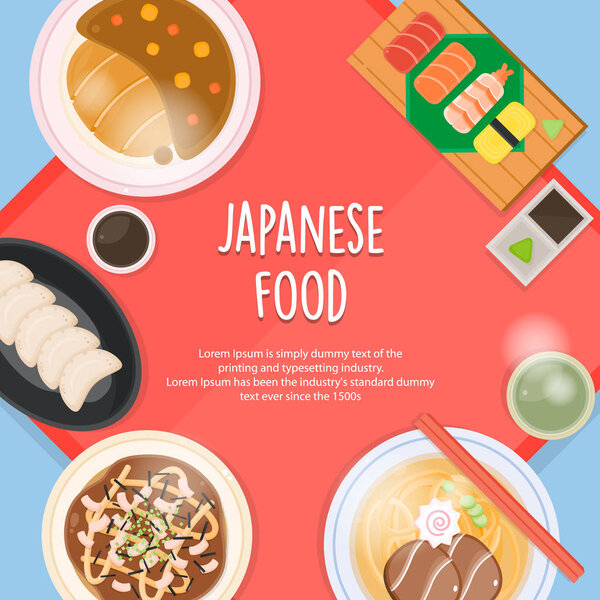 Japanese food. Delicious dishes from Japan country traditional cuisine. Illustrations of eastern asian countries meals from above.