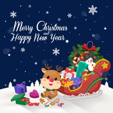 Noel Baba, Ren geyiği, hediye kutuları, kar adam, Noel süs ve kar tanesi koyu lacivert zemin üzerine Noel kartı. Chritmas şablon vektör çizim
