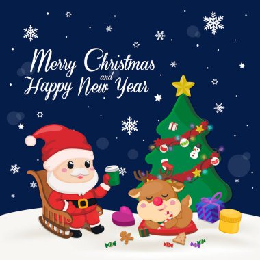 Noel Baba, Ren geyiği, hediye kutuları, kar adam, Noel süs ve kar tanesi koyu lacivert zemin üzerine Noel kartı. Chritmas şablon vektör çizim