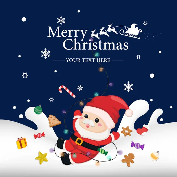 Рождественская Открытка Темном Фоне Санта Клаусом Оленями Подарочными Коробками Снеговиком — стоковый вектор