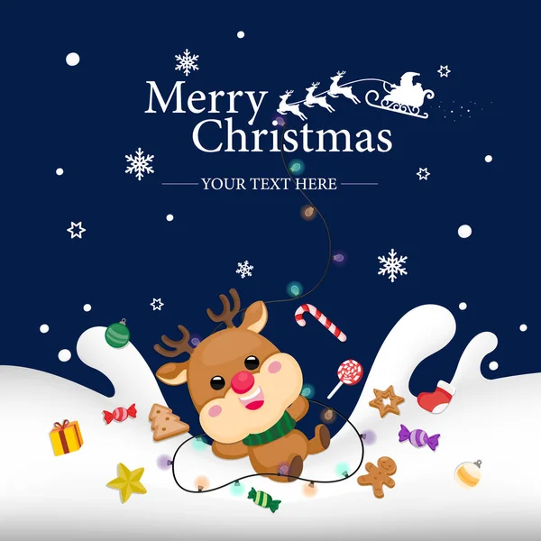 Рождественская Открытка Темном Фоне Санта Клаусом Оленями Подарочными Коробками Снеговиком — стоковый вектор