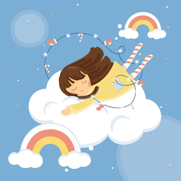 向量例证 可爱的女孩睡觉在云彩与天空背景 — 图库照片