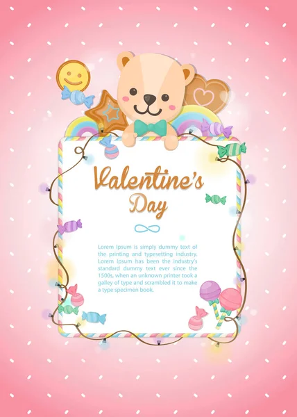 Happy Valentine Day Holiday Colorful Bear Dessert Pastel Background Открытки — стоковый вектор