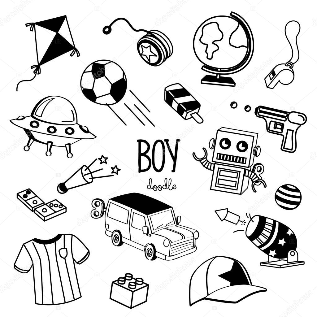 Hand drawing styles with boy items. Boy item doodle