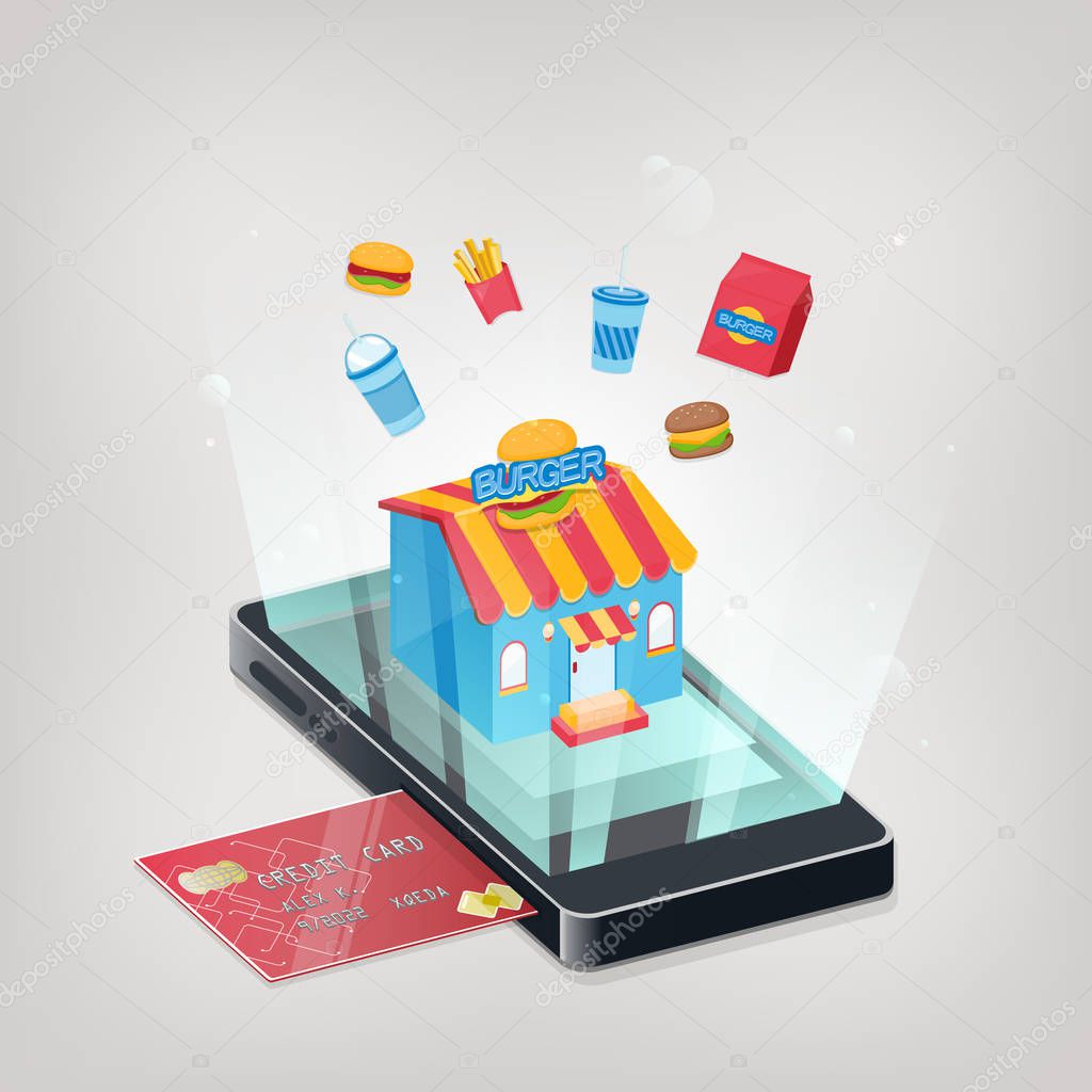 Store shop isometric with mobile phone. Shopping Online Mobile Phone VECTOR