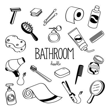 Banyo için el çizim stilleri. Banyo salonu amenity doodle.
