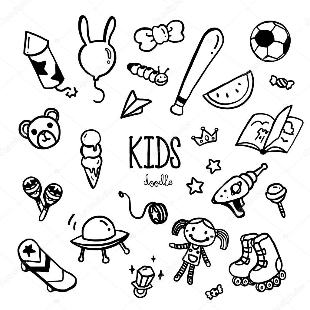 Hand drawing styles with kids item. Kids doodle.