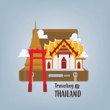 Bavul tayland simgeleri ile Vektör illüstrasyon seyahat afiş. 