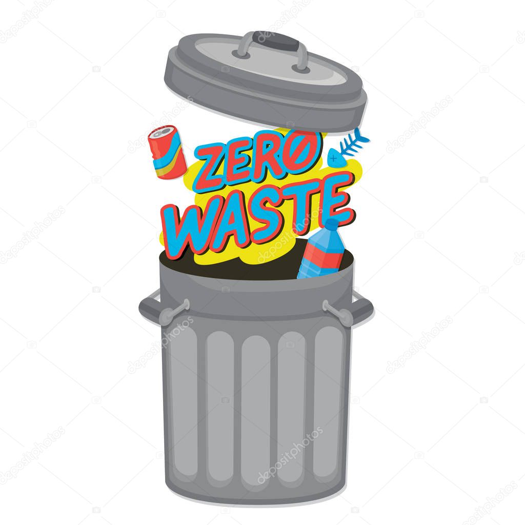 Vector illustration zero waste template. Bin with garbages.