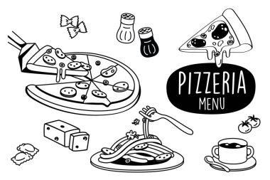 El çizim stilleri Pizzacı restoran. Pizza menü doodle.