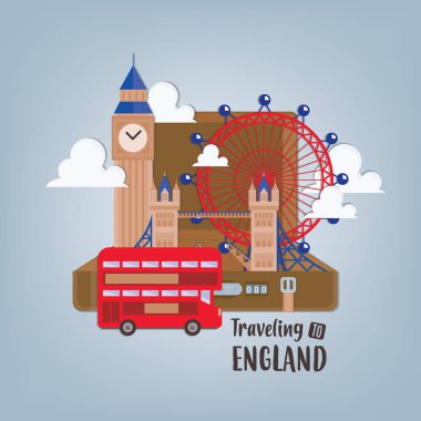 Bavul içinde Londra simgeleri ile Vektör illüstrasyon seyahat afiş. 