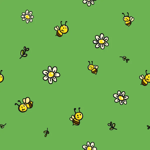 Słodki Bezszwowy Wzór Wiosna Małymi Pszczołami Kwitną Wektor Ilustracja Wiosna — Wektor stockowy