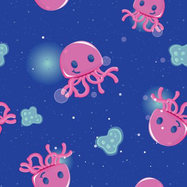 Derin mavi deniz arka planına sahip, dikişsiz denizanası deseni.