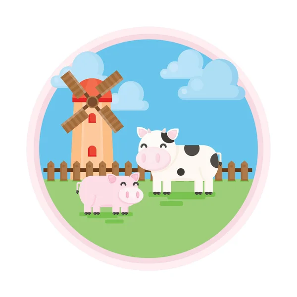 Vector Illustration Cute Farm Cow Pig Windmill — Stock Vector