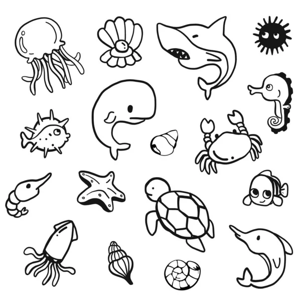 Styles Dessin Main Avec Des Animaux Aquatiques Doodle Mer — Image vectorielle