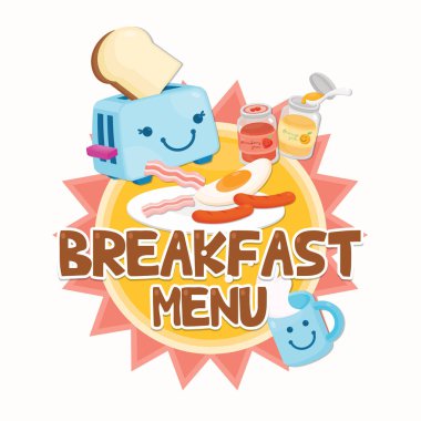 Tatlı kahvaltı menüsü şablonu kızarmış ekmek, süt, reçel ve Amerikan kahvaltı takımı..