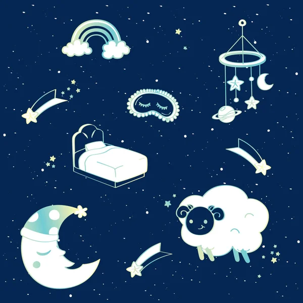 Illustration Vectorielle Fond Nuit Avec Moutons Étoile Lune Lit Doodle — Image vectorielle