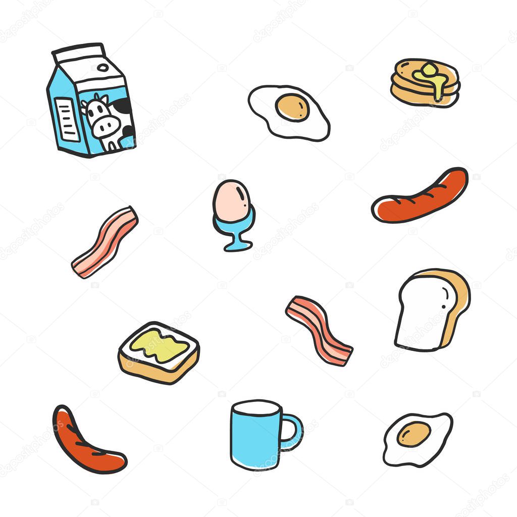Doodle breakfast set. Cute food and drink vector illustration.