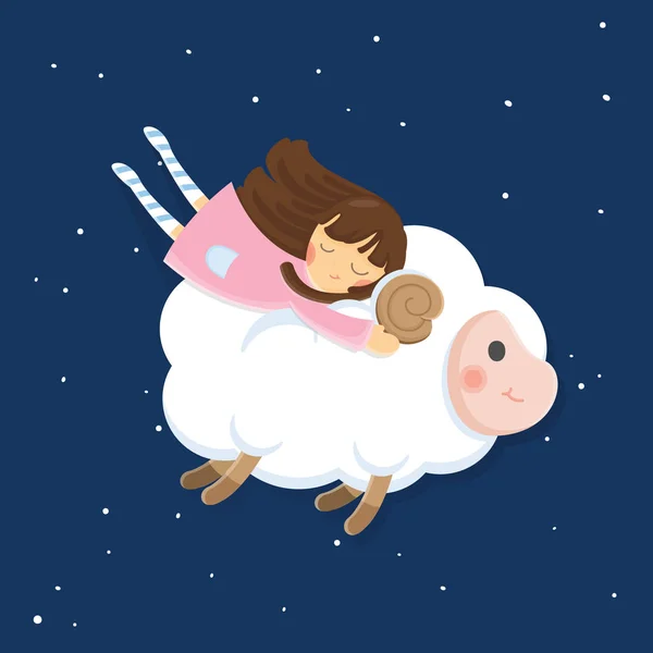 Roztomilý Vektor Znaků Ilustrace Dívka Ovcemi Tmavém Pozadí Oblohy — Stockový vektor