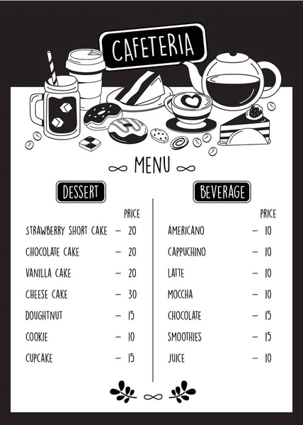 Cafetaria Menu Doodle Cafe Menu Met Dessert Drank — Stockvector