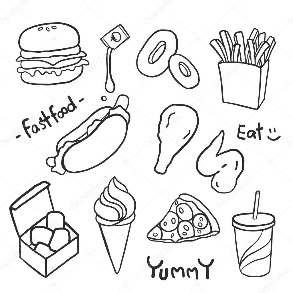 Hand drawing styles with junk food menu. Fast food doodle.