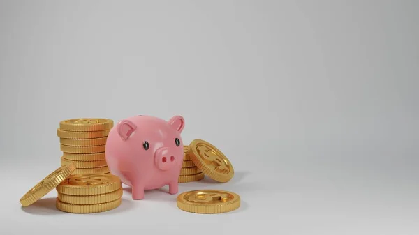 3D现实渲染猪头银行 硬币堆栈和房子闭锁白色背景 财务幻想 — 图库照片