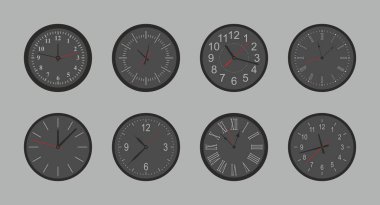 Siyah yuvarlak duvar saati ayarlayın. düz stil. gri arka plan üzerinde izole