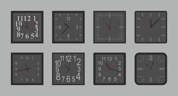 Conjunto Reloj Pared Cuadrado Negro Estilo Plano Aislado Sobre Fondo — Archivo Imágenes Vectoriales