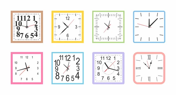 Conjunto Colorido Reloj Pared Cuadrado Estilo Plano Aislado Sobre Fondo — Archivo Imágenes Vectoriales