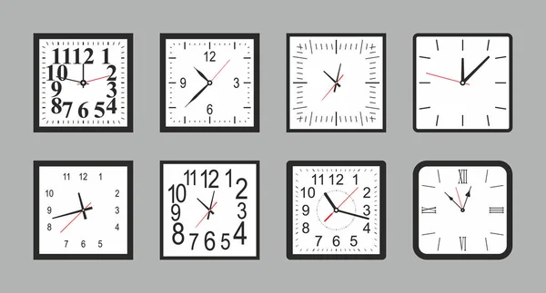 Set Reloj Pared Cuadrado Blanco Estilo Plano Aislado Sobre Fondo — Archivo Imágenes Vectoriales