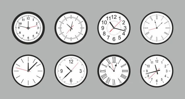 Set Witte Ronde Wandklok Vlakke Stijl Geïsoleerd Een Grijze Achtergrond — Stockvector