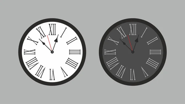 Rund Die Uhr Weiß Und Schwarz Isoliert Auf Grauem Hintergrund — Stockvektor
