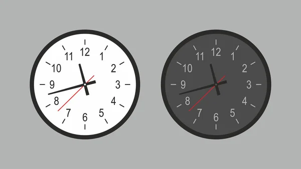 Horloge Murale Ronde Blanc Noir Isolé Sur Fond Gris — Image vectorielle
