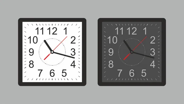 Reloj Pared Cuadrado Blanco Negro Aislado Sobre Fondo Gris — Vector de stock