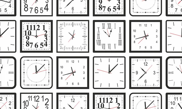 Patrón Sin Costuras Con Reloj Pared Cuadrado Blanco Estilo Plano — Archivo Imágenes Vectoriales