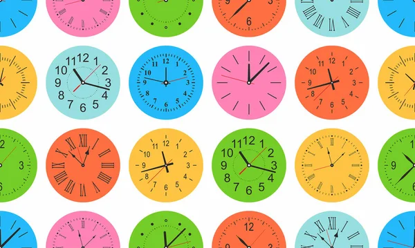 Modèle Sans Couture Avec Horloge Murale Ronde Colorée Style Plat — Image vectorielle