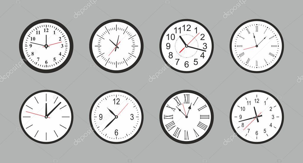 Set of white Round wall clock. flat style. isolated on gray background