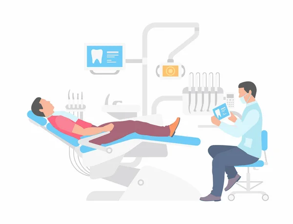 Dentista Homem Cadeira Dentista Estilo Plano Isolado Fundo Branco —  Vetores de Stock