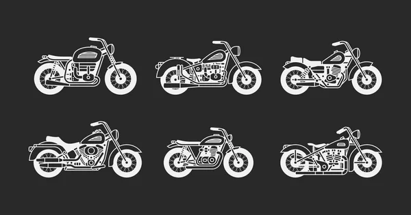 Set Vintage Motorcycles White Silhouettes Isolated Black Background — Stock Vector