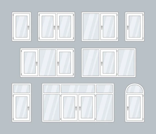 Set White Plastic Windows Isolated Gray Background — Stock Vector