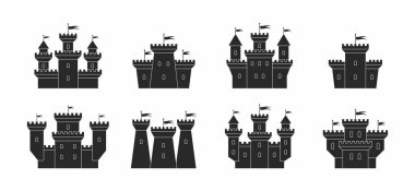 kale ve kale Icons set. siyah siluetler. Beyaz arka plan üzerinde izole