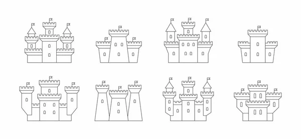 Castles Fortresses Icons Set Thin Line Style Isolated White Background — Stock Vector