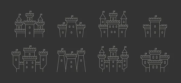 Castles Fortresses Icons Set Thin Line Style Isolated Black Background — Stock Vector