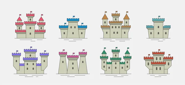 Coloridos Castillos Fortalezas Iconos Conjunto Estilo Delgada Línea Aislado Sobre — Vector de stock