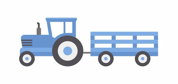 Blå Traktor Med Släp Platt Stil Isolerad Vit Bakgrund — Stock vektor