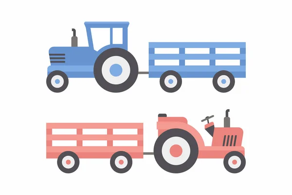 Dois Tractores Com Reboque Cor Azul Vermelha Estilo Plano Isolado — Vetor de Stock