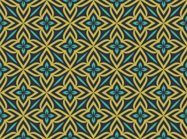 Altın-yeşil çiçekler ile soyut geometrik desen. Renkli süs. siyah arka plan üzerine izole