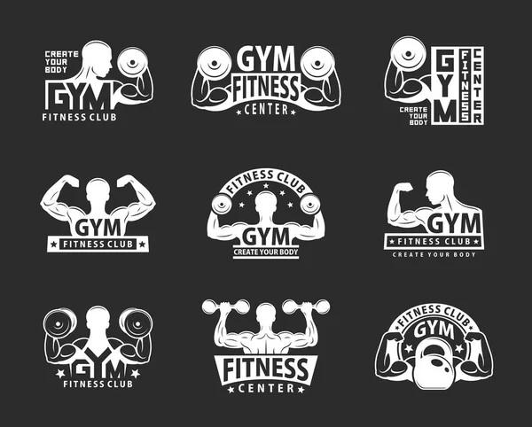 Ensemble Emblème Gymnase Bodybuilding Fitness Club Style Monochrome Isolé Sur — Image vectorielle