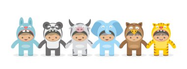 Hayvan kostümleri, elini tutarak çocuklar düz stil. Beyaz arka plan üzerinde izole